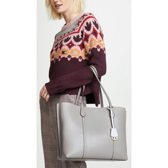 Tory Burch Perry Triple-Compartment Tote Bag Shoulder Bag Grey Heron - Picture 13 of 13